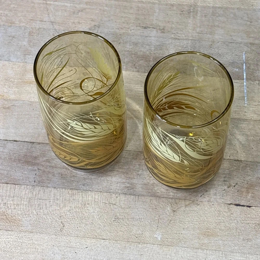 Vintage Anchor Hocking Wheat Amber Drinking Glasses Set of 2 Tumblers 70s